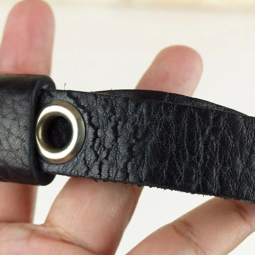 Black Pebbled Genuine Leather Grommet Belt Size 34 Narrow Punk Goth Y2K Rock Emo